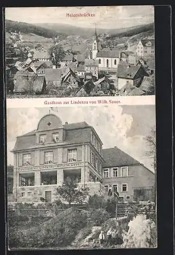 AK Heigenbrücken, Gasthaus zur Lindenau von Wilh. Sauer, Teilansicht mit Kirche