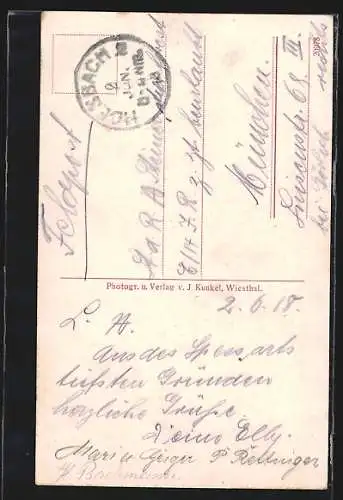 AK Heigenbrücken, Gasthaus zur Lindenau von Wilh. Sauer, Teilansicht mit Kirche