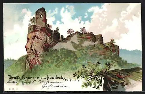 Lithographie Die alte Gnädige von Neudeck, Berg mit Gesicht / Berggesichter