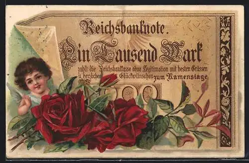 AK Engel und Rosen vor einer Reichsbanknote