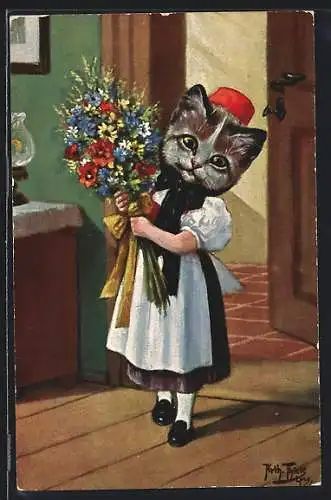 Künstler-AK Arthur Thiele: Kleine Katzendame im Kleid überreicht einen Blumenstrauss