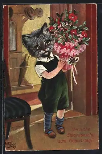 Künstler-AK Arthur Thiele: Katzenjunge verschenkt einen Blumenstrauss zum Geburtstag