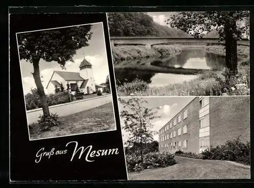 AK Mesum i. W., Kirche, Flusspartie mit Brücke, Wohnhaus