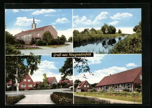 AK Neugnadenfeld, Flusspartie, Wohnhäuser an Strassenpartie, Kirche