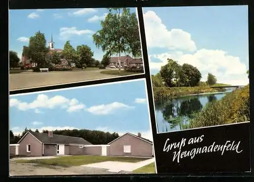 AK Neugnadenfeld, Ortspartie, Blick zur Kirche, Flusspartie mit Brücke