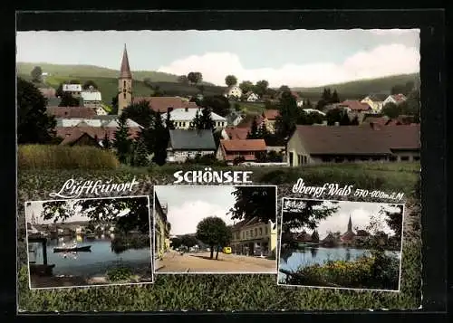 AK Schönsee / Opf., Ortsansicht mit Kirche, Seepartie und Strassenpartie