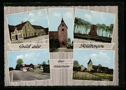 AK Feldbergen b. Hildesheim, Gasthaus Volgmann, Kirche, Ehrenmal, Hauptstrasse und Ortspartie