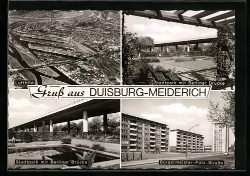 AK Duisburg-Meiderich, Ortsansicht vom Flugzeug aus gesehen, Stadtpark mit Berliner Brücke, Bürgermeister-Pütz-Strasse