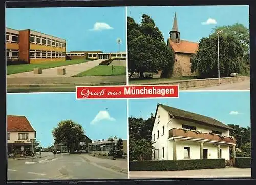 AK Münchehagen, Kirche, Schule und Strassenpartie mit Sparkasse und Edeka-Markt