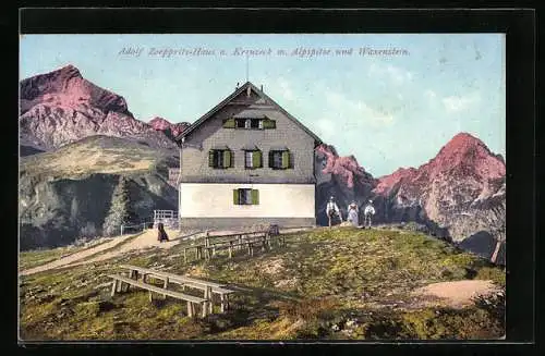 AK Adolf Zoeppritz-Haus, Berghütte mit Alpspitze und Waxenstein