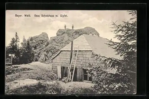 AK Ossa-Schutzhaus, Berghütte im Bayer. Wald mit Blick zum Gipfel