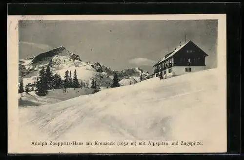 AK Adolph Zoeppritz-Haus, Berghütte am Kreuzeck mit Alpspitze und Zugspitze