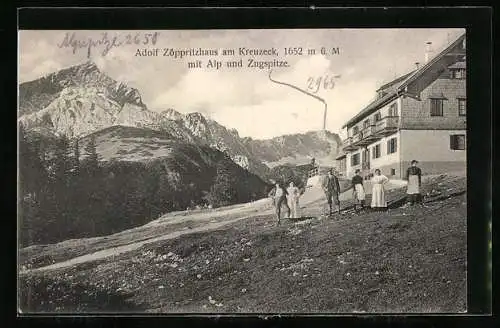 AK Adolf Zöppritzhaus, Berghütte am Kreuzeck mit Alp und Zugspitze