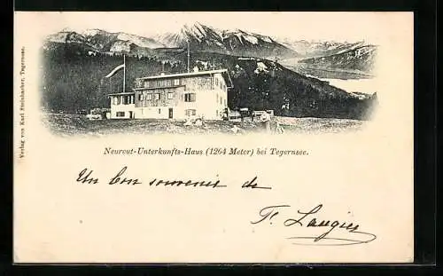 AK Neureuthaus, Berghütte vor Gebirgspanorama bei Tegernsee