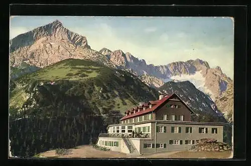 AK Berghütte Adolf Zoeppritzhaus mit Alp- und Zugspitze