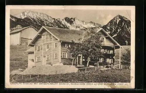 AK J. Zobel`s Alpenhaus Gaisalpe, Berghütte mit Blick auf Entschenkopf, Nebelhorn und Rubihorn
