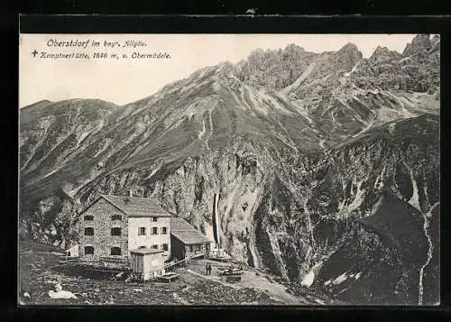 AK Kemptnerhütte, Blick auf Hütte und Bergpanorama