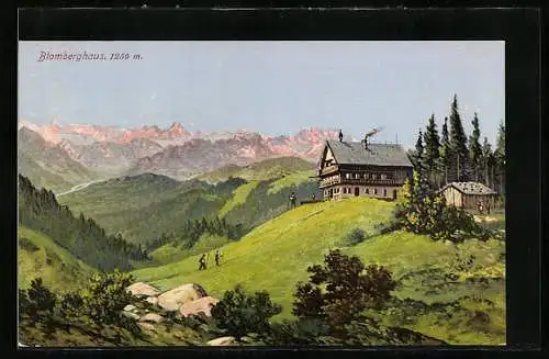 AK Blomberghaus, Berghütte mit Blick zum Hochgebirge