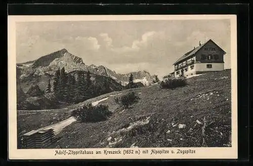 AK Adolf-Zöppritzhaus, Berghütte am Kreuzeck mit Alpspitze und Zugspitze