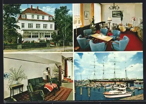 AK Travemünde-Priwall, Kurhotel Feyerabend mit Innenansicht und Hafenpartie