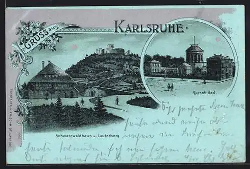 Mondschein-Lithographie Karlsruhe, Schwarzwaldhaus und Lauterberg, Vierordt Bad