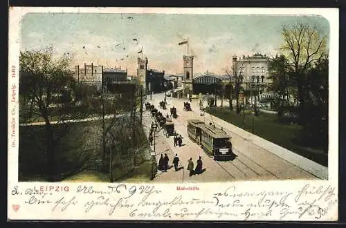 AK Leipzig, Bahnhof mit Strassenbahn