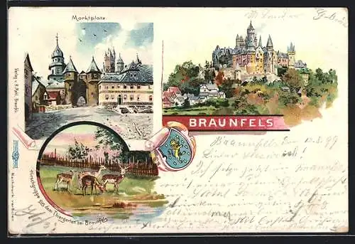 Lithographie Braunfels, Teilansicht, Marktplatz, Hirschgruppe aus dem Thiergarten bei Braunfels