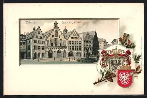 Passepartout-Lithographie Alt-Frankfurt, Römer, Stilleben mit Frankfurter Zeitung und Würstchen, Wappen