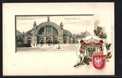Lithographie Frankfurt a. M., Blick auf den Hauptbahnhof, Wappen