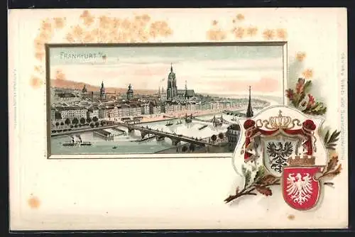 Passepartout-Lithographie Frankfurt /Main, Panorama mit den Mainbrücken, Wappen