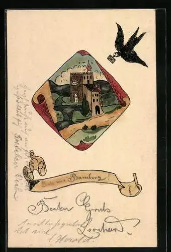 Künstler-AK Handgemalt: Burg in einer Landschaft, Schwalbe mit Brief