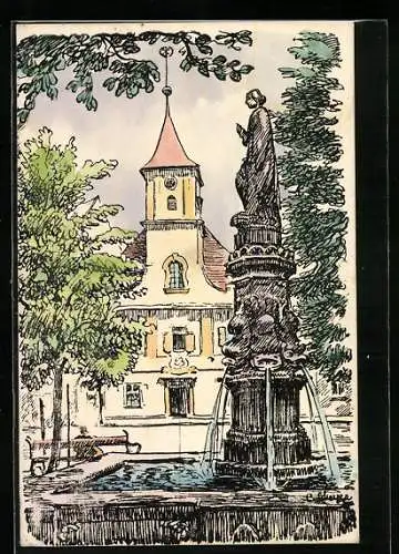 Künstler-AK Handgemalt: Brunnen vor einem Rathaus