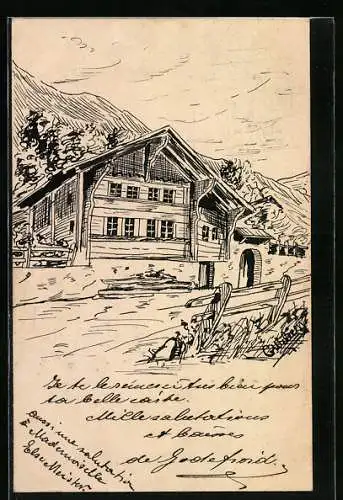Künstler-AK Handgemalt: Chalet mit Strasse und Berg-Hintergrund