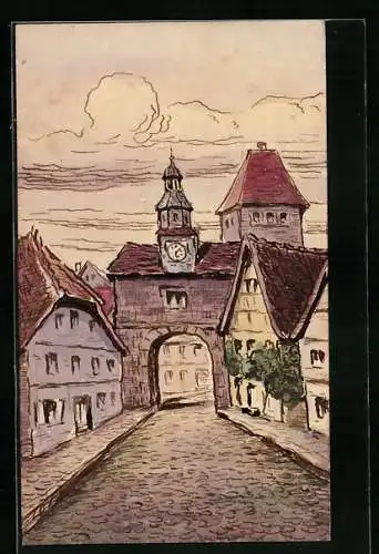 Künstler-AK Handgemalt: Strassenpartie mit Uhren-Tordurchgang und Turm