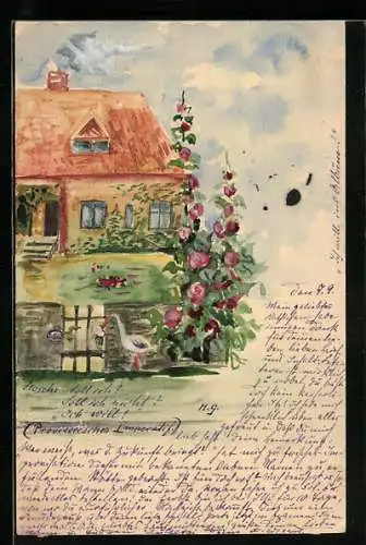 Künstler-AK Handgemalt: Haus mit Blumen und Storch im Sonnenschein