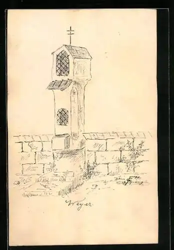 Künstler-AK Handgemalt: Kapellchen mit Gitterfenstern vor einer Mauer