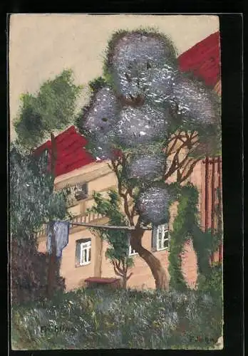 Künstler-AK Handgemalt: Blühender Baum vor einem Gutshaus