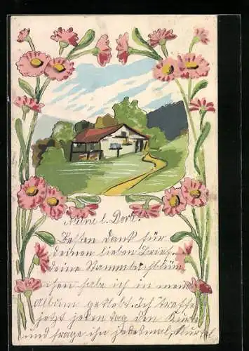 Künstler-AK Handgemalt: Haus und Strasse in Frühlingslandschaft, Blumen