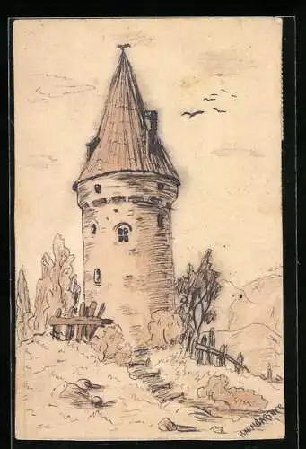 Künstler-AK Handgemalt: Turm in einsamer Landschaft, Vögel