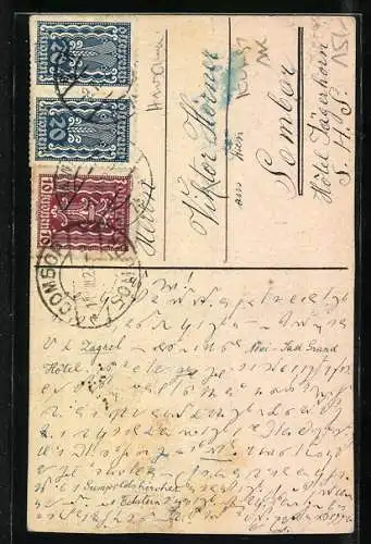 Künstler-AK Handgemalt: Turm in einsamer Landschaft, Vögel