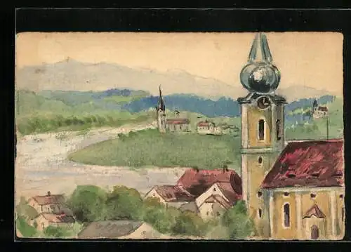 Künstler-AK Handgemalt: Flusspartie mit Kirche und Blick ins Land