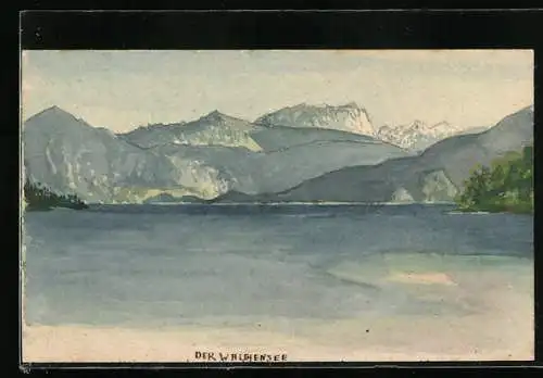 Künstler-AK Handgemalt: Walchensee, Seepartie mit Bergpanorama