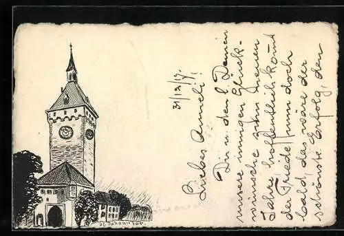 Künstler-AK Handgemalt: St. Johanntor mit Uhrenturm