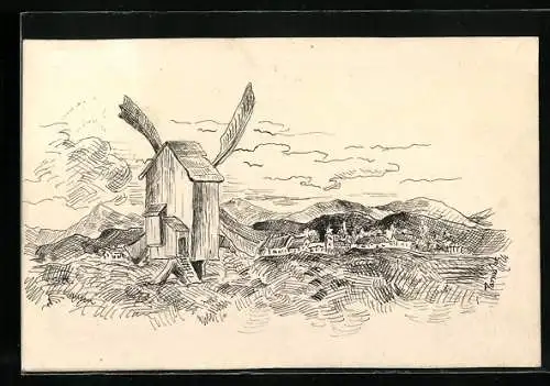 Künstler-AK Handgemalt: Mühle und Ortschaft in den Bergen