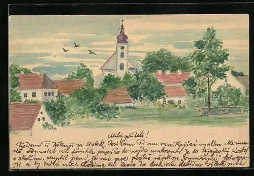 Künstler-AK Handgemalt: Ortschaft mit Kirche im Sommer