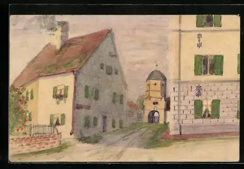 Künstler-AK Handgemalt: Strasse mit Häusern und Torturm