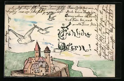 Künstler-AK Handgemalt: Burg mit fliegenden Tauben, von oben gesehen