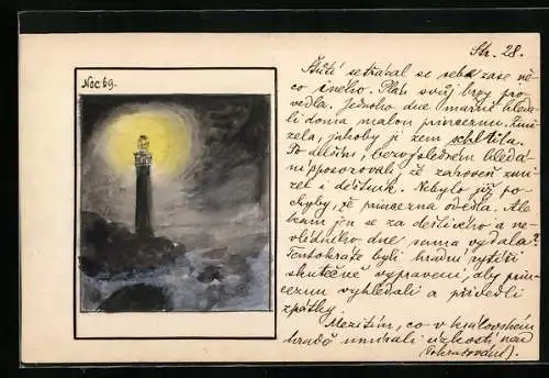 Künstler-AK Handgemalt: Leuchtturm und Klippen bei Nacht