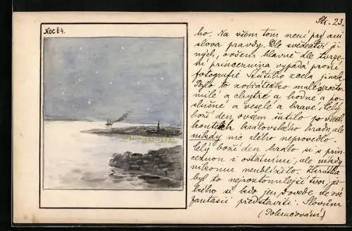 Künstler-AK Handgemalt: Gewässer mit Ufer und Dampfer