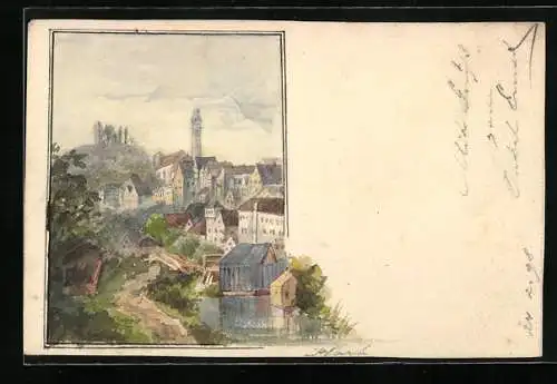 Künstler-AK Handgemalt: Stadtansicht mit Turm und Gewässer